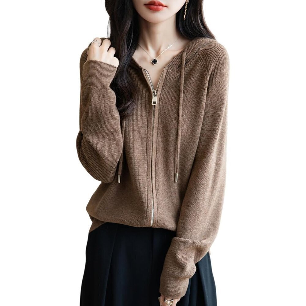 Women's Wool Blend Cardigan Zipper Hoodie Ribbed Long Sleeve Casual
